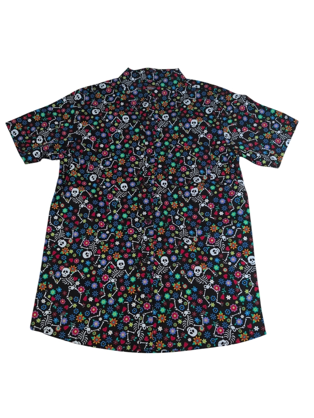 Run & Fly Shirt, Button Up, Skeleton Skulls Flowers, Retro Look, Men's Medium